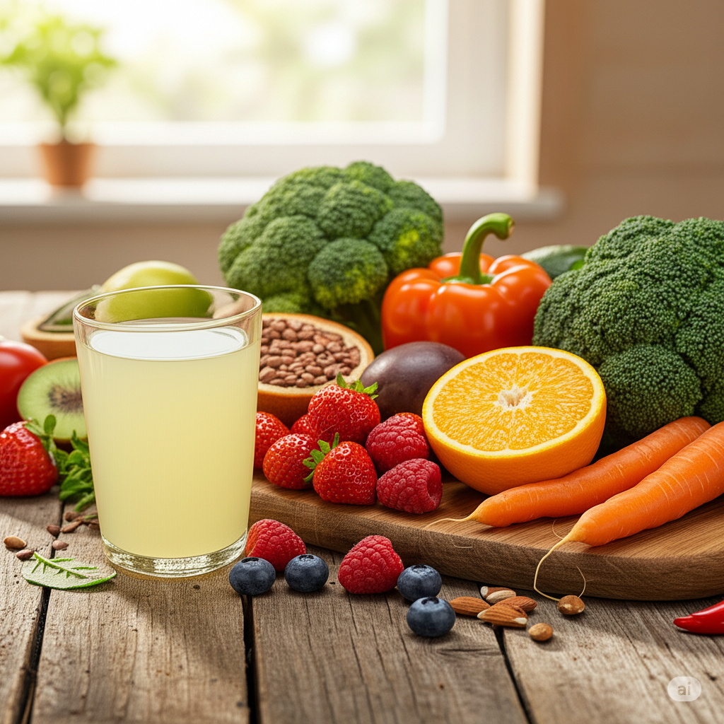 Table filled with a vibrant array of whole, healthy foods including colorful fruits (strawberries, blueberries, raspberries, kiwi, orange), vegetables (broccoli, carrots, bell pepper), nuts (almonds), seeds, and a refreshing glass of clear lemonade.